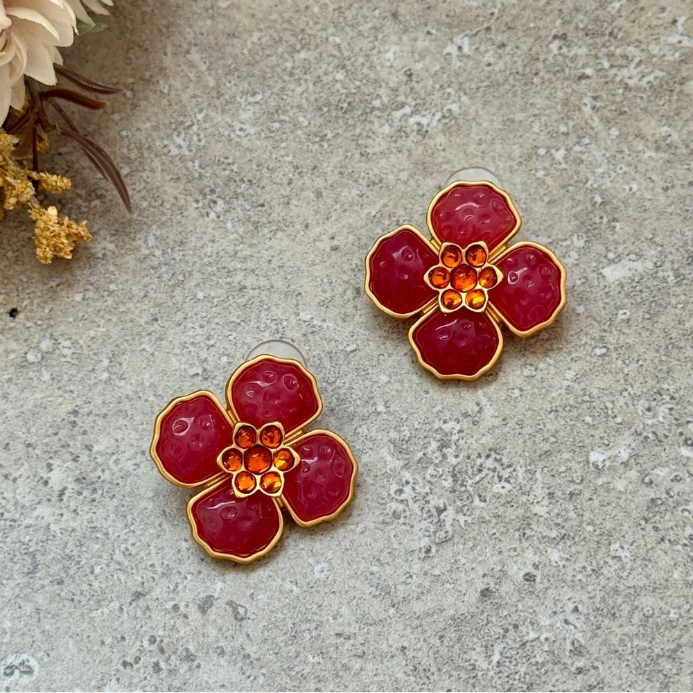 💖4/$30 Elegant Floral Red and Gold Earrings - Picture 3 of 7